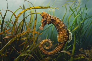 Fototapeta premium A seahorse swimming among seagrass, with its tail curled around a blade