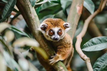 Fototapeta premium A slow loris sitting in a tree, with its large, round eyes and gentle expression