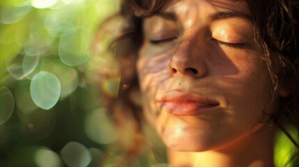 The womans closed eyes suggest a turning inward and a focus on the present moment rather than external distractions.