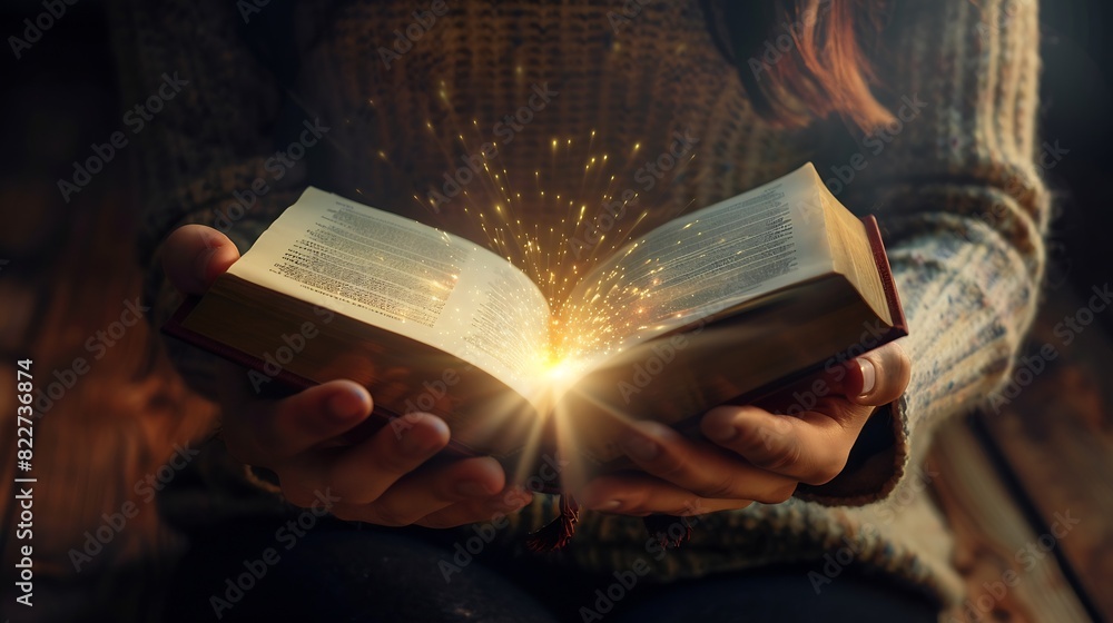 Poster light coming from book in womans hands in gesture of giving offering concept of wisdom religion read