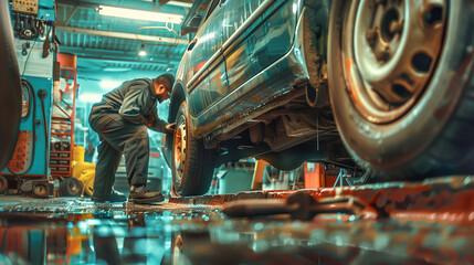 Mechanic Working on Car in Garage