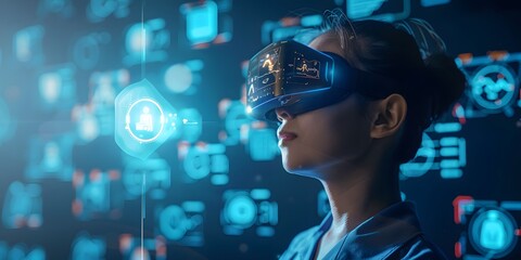 A woman wearing a VR headset in a futuristic digital environment, surrounded by holographic icons and data, fully immersed in a virtual interface experience