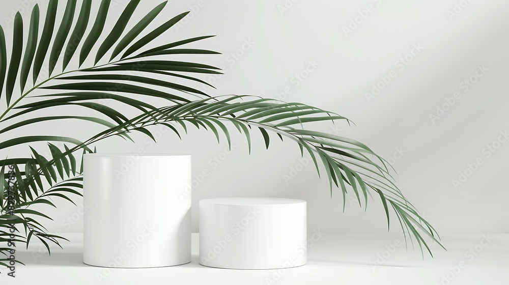 Poster Three varying height white podiums complemented by a palm leaf on a neutral background ideal for product display : Generative AI