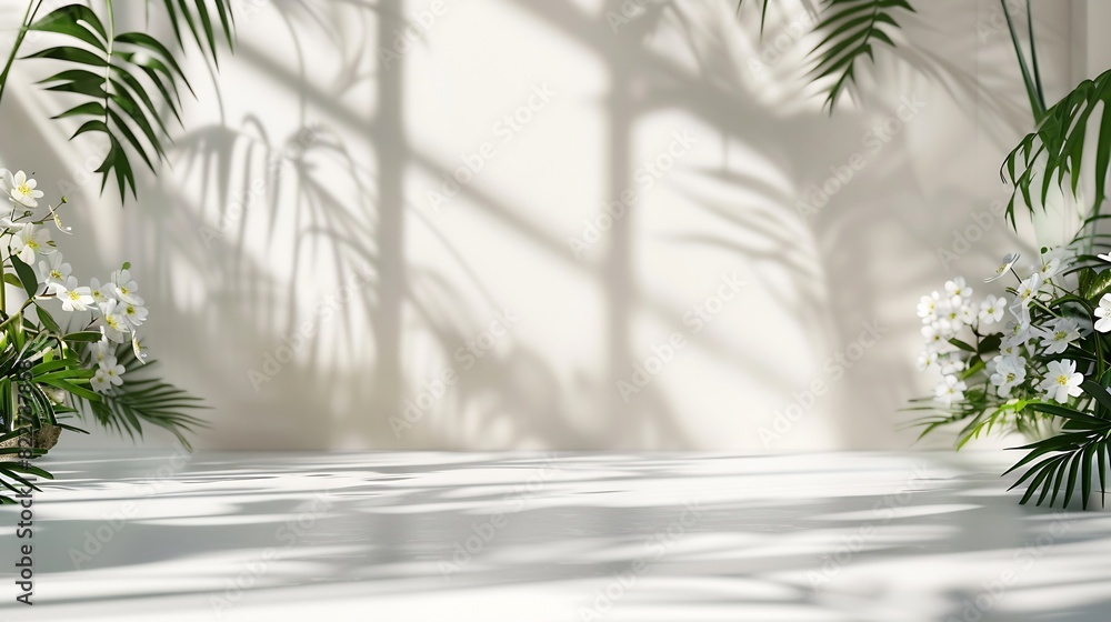 Poster Abstract white studio background for product presentation Empty room with shadows of window and flowers and palm leaves  3d room with copy space Summer concert Blurred backdrop : Generative AI