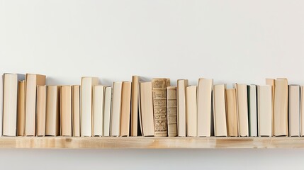 Many hardcover books on wooden shelf near white wall : Generative AI