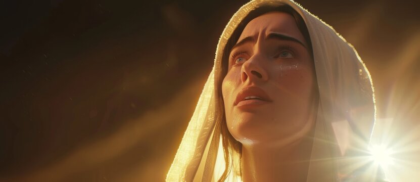 Biblical character.     Emotional close up portrait of a woman with blue eyes in a veil looking up. Looking up to heaven with tears in her eyes, full-length shot set in biblical times,