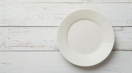 An empty plate on a white wooden table Top view : Generative AI