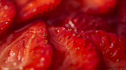 Strawberry background Blurred natural red background Texture of strawberry berries Beautiful sliced strawberries closeup Horizontal closeup nobody Healthy eating concept : Generative AI