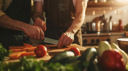 Close up cropped image of cutting board and couple cutting vegetables in the kitchen together...