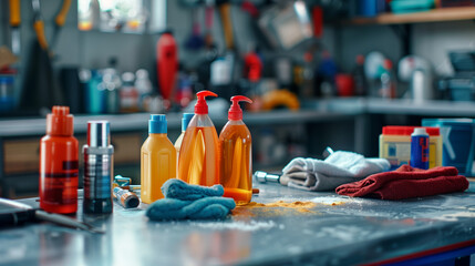 Several Bottles of Cleaning Products on a Kitchen Counter