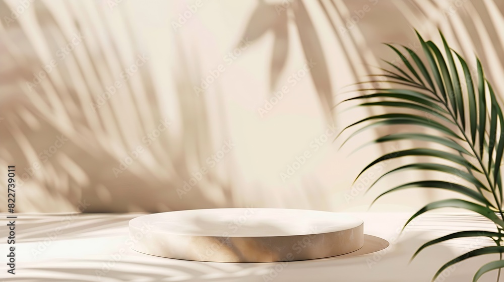 Poster beige background for product presentation with shadow of tropical palm leaves and light podium stage