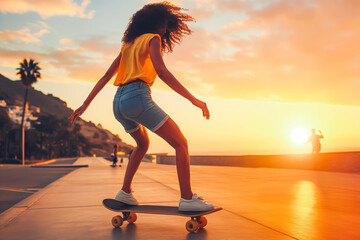 Afro-American woman skateboarding along coastal promenade at sunset, sea breeze energizing her ride.