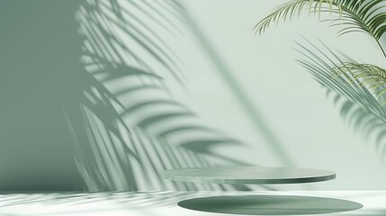 Minimal abstract background for the presentation of a cosmetic product Premium podium with a shadow of tropical palm leaves on a pastel green wall and gray table Showcase display case : Generative AI