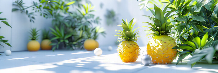 Rustic Wooden Table with Fresh Pineapple, Tropical Summer Dining, Healthy and Natural Food Concept