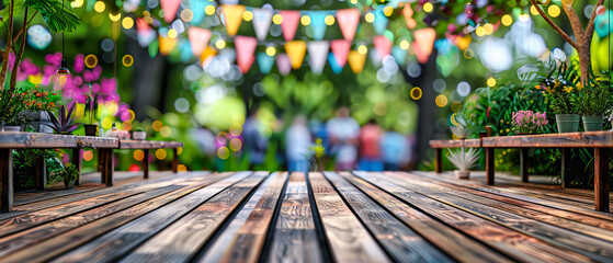 Rustic Wooden Table with Festive Bokeh Lights, Celebration Background for Events or Party Display