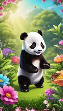 panda playing in the flower garden