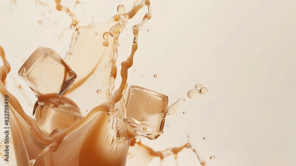 Aufkleber milk tea fall ice cube cool pouring down in shape form line milk ice coffee splash into drop dropet 