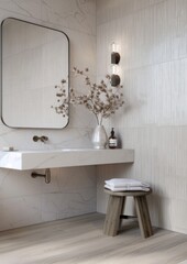 A simple modern bathroom with an oversized white marble vanity and wall mirrors featuring natural stone floors,