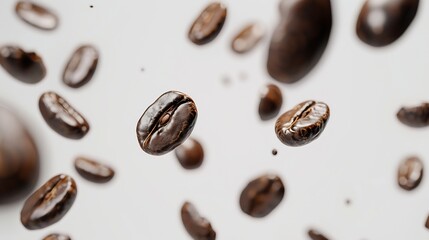 Coffee beans in flight on white background : Generative AI