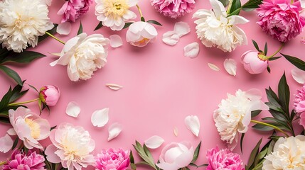 Frame made of beautiful peony flowers on pink background. Flat lay, copy space, summer flowers