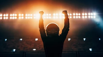  Silhouette of race car driver celebrating the win in a race against bright stadium lights 100 FPS slow motion shot : Generative AI © The Little Hut