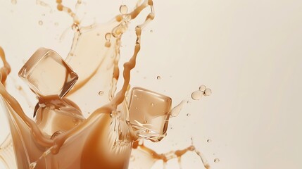Milk Tea fall ice cube cool pouring down in Shape form line Milk Ice coffee splash into drop dropet chocolate cocoa attack fluttering explosion in air White background isolated stop mo : Generative AI