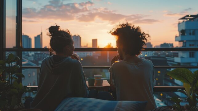 Tranquil Morning Bliss: Non-Binary Couple Enjoying Sunrise on Urban Balcony - Powered by Adobe