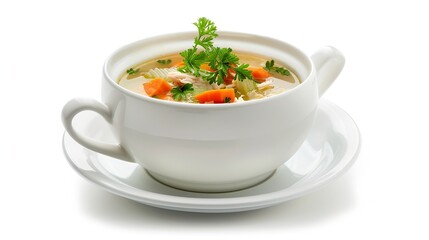 Homemade chicken vegetable soup in a white bowl with saucer Side view isolated on a white background : Generative AI