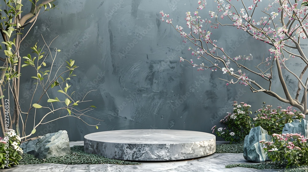 Poster Front view of the stone podium showcases products in a garden with flowers plants and branches Empty platform : Generative AI