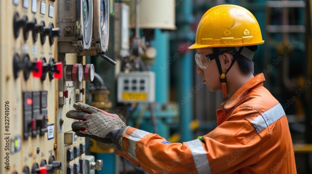 Poster a worker operates a control panel adjusting the pressure and direction of the drilling process.