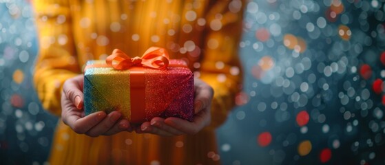 Close-up of hands holding a colorful wrapped gift box with a blurred festive background. Perfect for holiday and celebration themes.