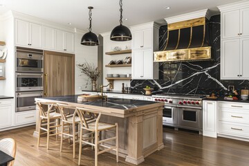 It's a classic kitchen with white cabinets, a marble backsplash and a Jean Stoffer style island.