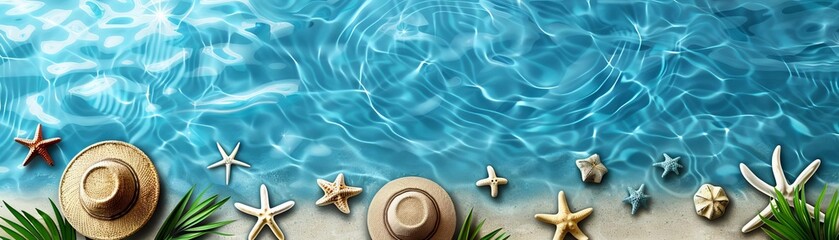 Design a 3D summer sale template featuring a blue glass board adorned with cute beach objects and a swimming pool motif