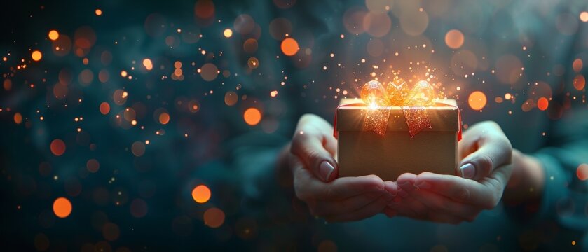 Hands holding a glowing gift box with festive lights in the background, symbolizing the magic and wonder of giving during the holiday season.