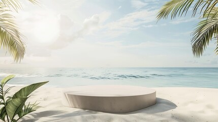 Summer tropical background Podium on sand beach on sea background Mock up for the exhibitions Presentation of products 3d render : Generative AI