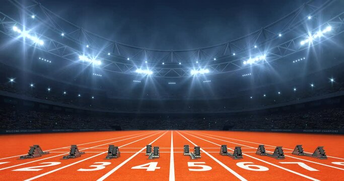 Modern athletics stadium at night and tartan running track ready for the sprint. Professional 4K video loop for sports advertisement.	