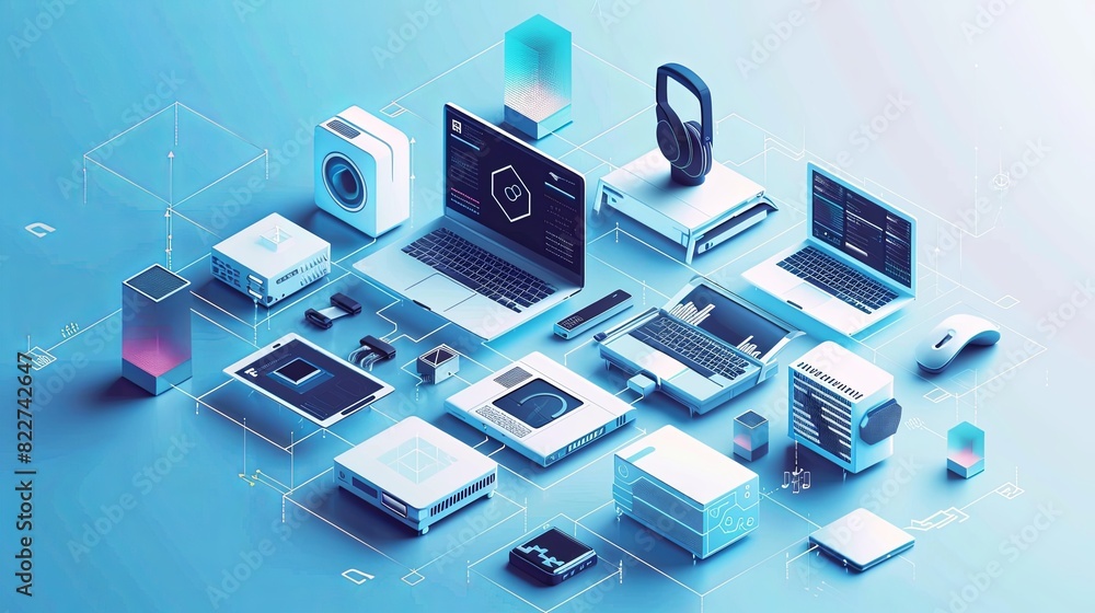 Aufkleber Isometric icon of computers, laptops, liaisons and technology equipment on a blue background. Ideal for computer service or tech repair banners. Generative AI