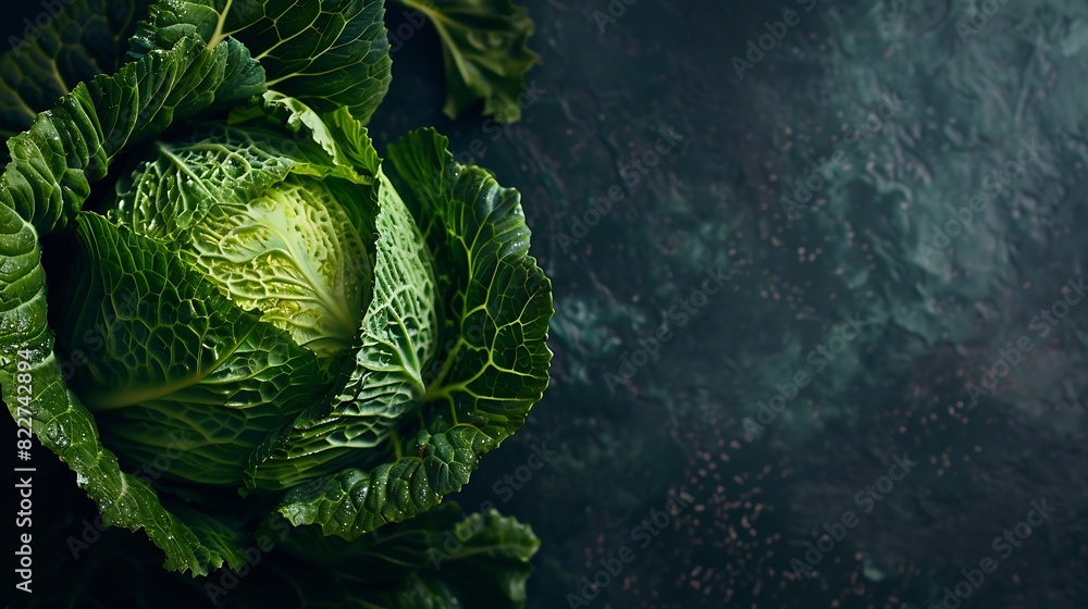 Poster Raw fresh green cabbage texture and background top view over dark background selective focus : Generative AI