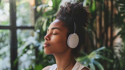 A woman with closed eyes and a serene expression tuning in to a selfcare podcast to learn tips for maintaining mental and emotional wellbeing.