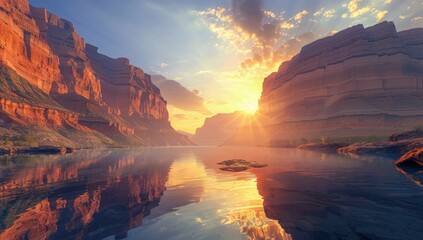 3d rendering of beautiful canyon with river and reflection. Grand Canyon, Arizona USA at sunset. National park. Beautiful natural landscape background. Water in the desert mountains