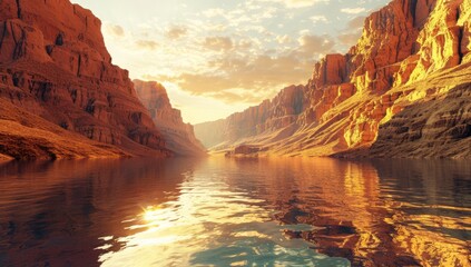 3d rendering of beautiful canyon with river and reflection. Grand Canyon, Arizona USA at sunset....