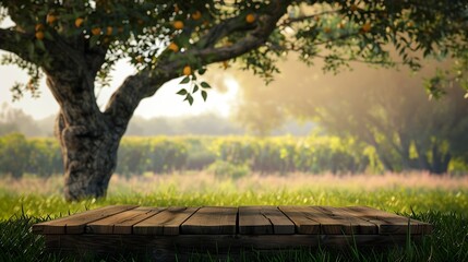 Tree Table wood Podium in farm display for food perfume and other products on nature background Table in farm with orange tree and grass Sunlight at morning : Generative AI