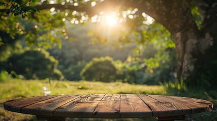 Naklejka premium Tree Table wood Podium in farm display for food perfume and other products on nature background Table in a farm with grass trees and Sunlight in the morning : Generative AI