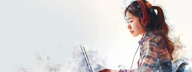 Young asian woman immersed in online learning, her headphones and rapt expression conveying a meditative connection with the digital realm. Watercolor painting style. Copy space.