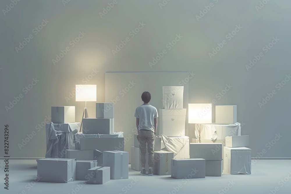Poster man standing in a room with boxes, showcasing a clean, organized, and efficient approach to moving a