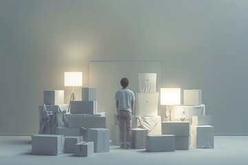 Man standing in a room with boxes, showcasing a clean, organized, and efficient approach to moving and unpacking, ready for a fresh start in a new home.