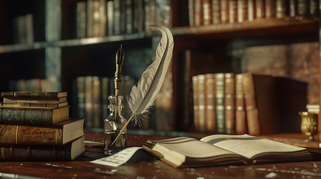 Old quill pen with an inkwell papers and books on a table against an old bookshelf Concept on the theme of history education literature Retro style : Generative AI