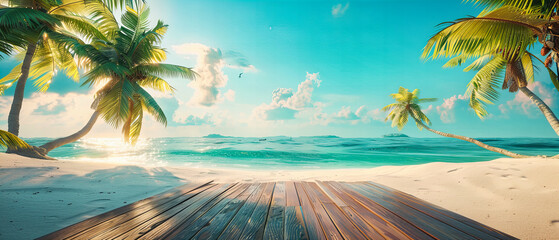 Obraz premium Serene Beach Setup, Empty Wooden Table with a Sandy and Sunny Beach Background
