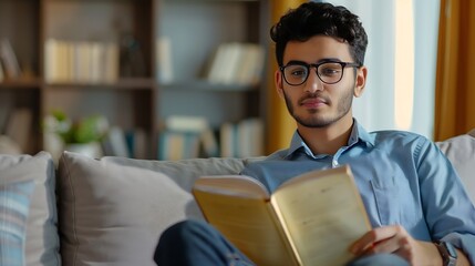 Portrait of young Middle Eastern man wearing eyeglasses holding paper book or diary sitting on...