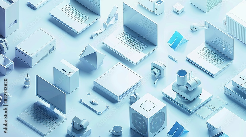 Aufkleber assortment of various electronic devices including computers, laptops, and liaisons in isometric des